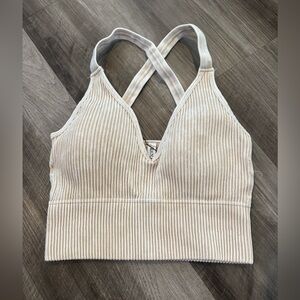 New Zenana V Neck Washed Ribbed Seamless Cream Bra/Padded Crop Tank Top